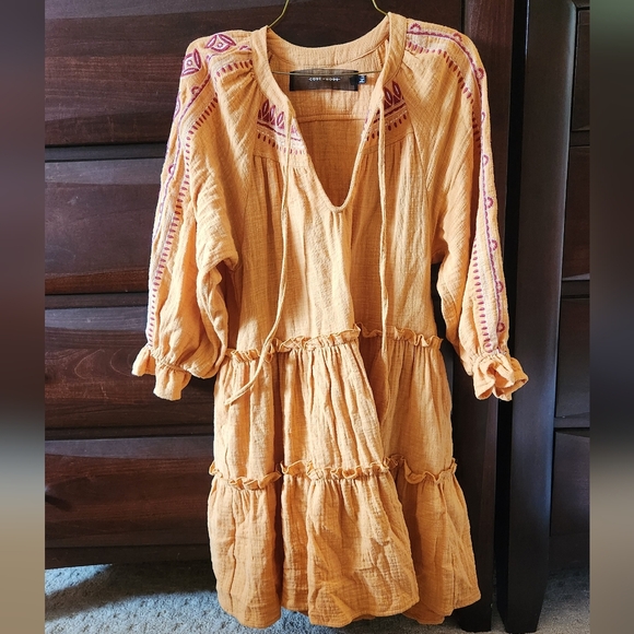 Code Mode Boho Hippie Beachy Orange Mini Oversized 100% Cotton Embroidered Dress - Picture 1 of 6